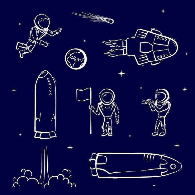 Vector set of vector illustrations of space ship, rocket, rover. doodle cartoon vector icons.