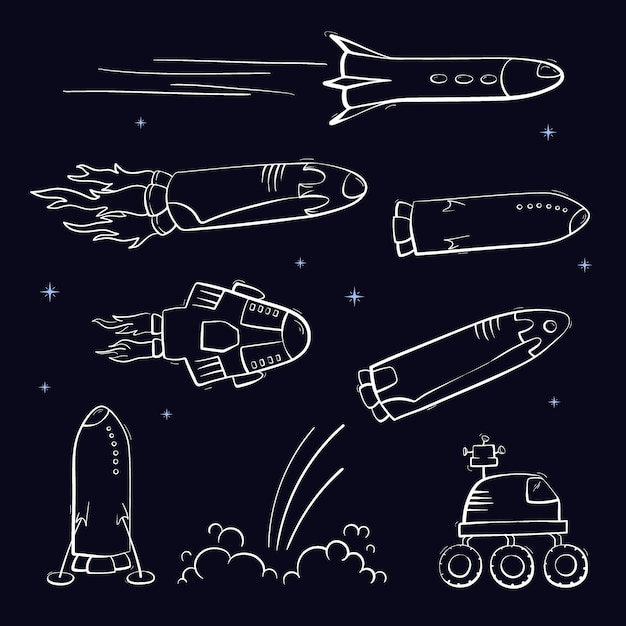 Set of vector illustrations of space ship, rocket, rover. doodle cartoon vector icons.