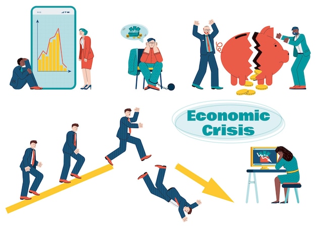 Vettore una serie di illustrazioni vettoriali sul tema della crisi economica