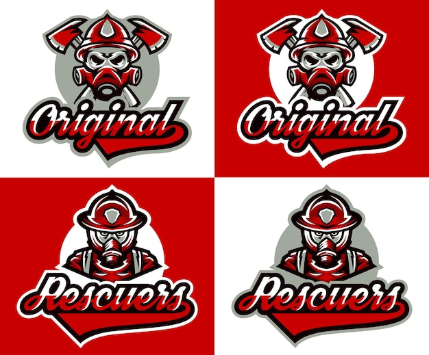 Set di illustrazioni vettoriali sul tema del servizio antincendio fireman s logo maschera antigas casco cranio assi testo lettering tipografia tshirt grafica stampa banner poster