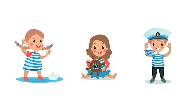 Vector the set of vector illustrations of three children cosplaying sailors wearing suits and peakless wisor two girls and boy having fan holding helm playing with paper boat isolated white background