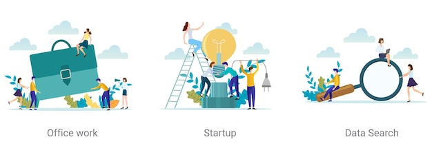 A set of vector illustrations on the topic of business Office work startup data search