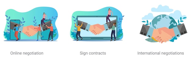 Набор векторных иллюстраций на тему бизнес-контракта онлайн-переговоров