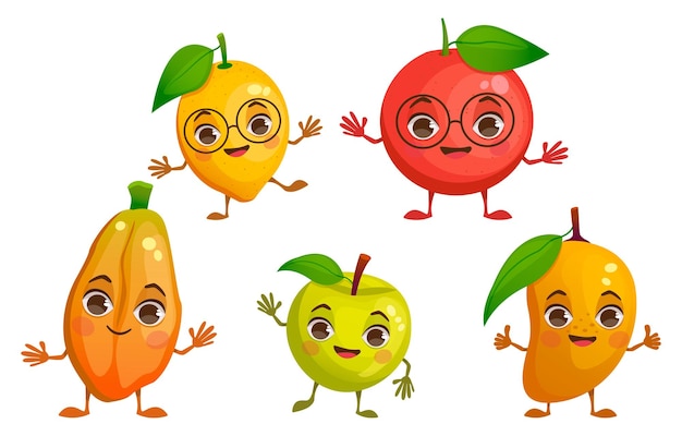 Set of vector illustrations with cartoon fruits Lemon apple papaya grapefruit mango