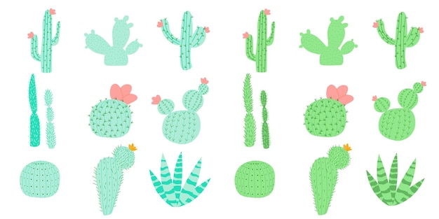 Set of vector illustrations with flat cacti two color options Cacti with flowers