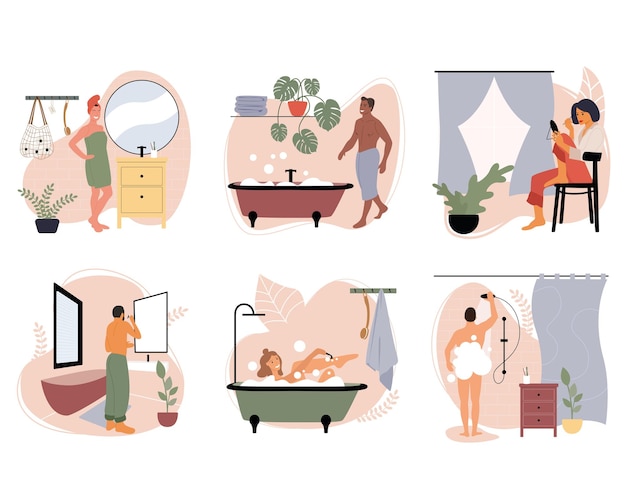 Vector set of vector illustrations with people doing hygiene and household daily routine in the bathroom.