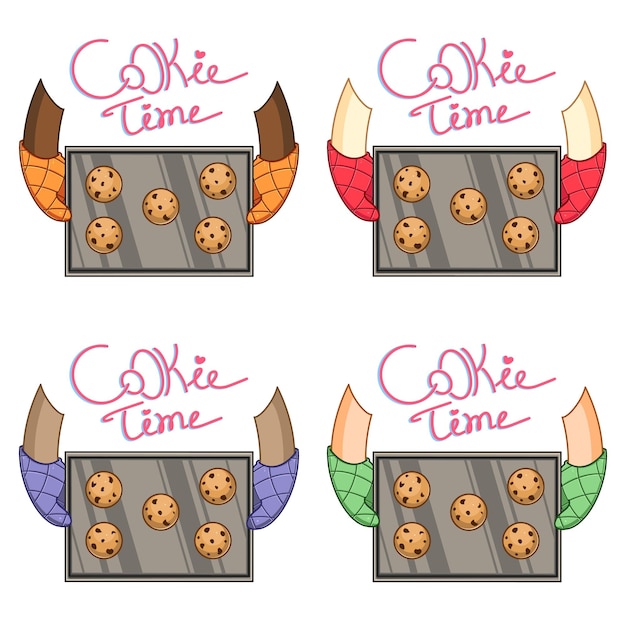 Set of vector illustrations with various gloved hands holding a tray with cookies different skin co