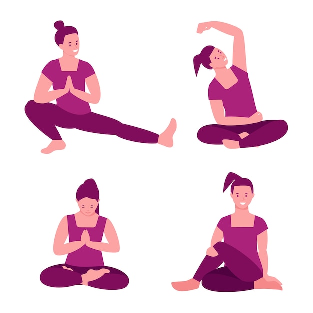 Vector set of vector illustrations of yoga. woman practicing yoga. illustration in flat cartoon. isolated on a white background.