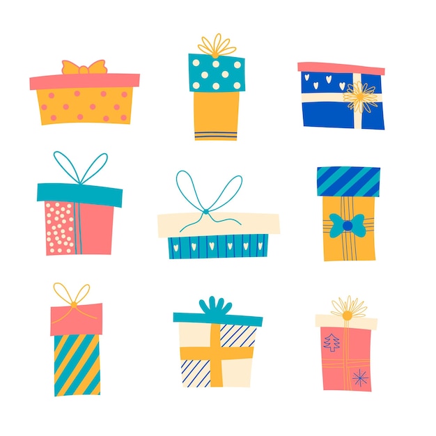 Vector set of a vector images of different colorful gift boxes drawn in doodle style