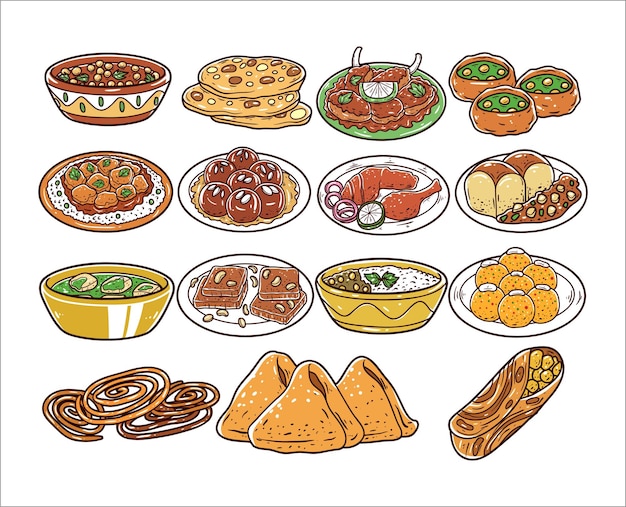 Установить вектор индийской кухни рисованной иллюстрации