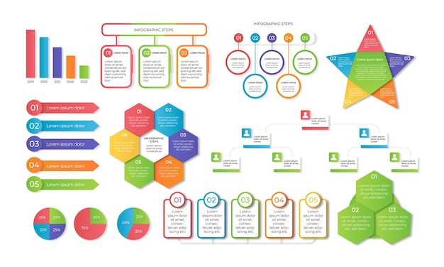 ベクター インフォ グラフィック 6 ステップ、年グラフィック、星のグラフィック、パーセント円、プレゼンテーション要素を設定します。