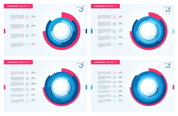 Set di grafici circolari infografici vettoriali 4 5 6 7 opzioni