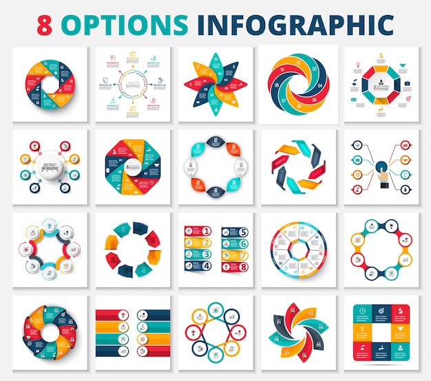 Set of vector infographic design layouts with 8 options Minimal flat and realistic diagrams