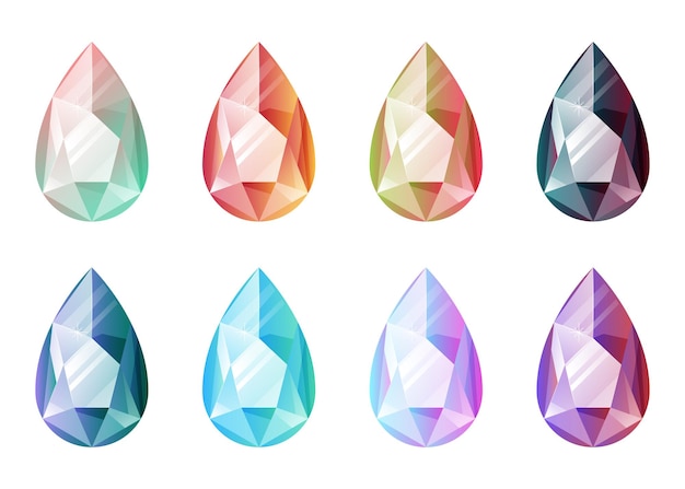 Set of vector isolated gems of different colors in the shape of a drop diamond amethyst emerald ruby