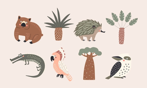 Set di illustrazioni vettoriali isolate di alberi e animali australiani