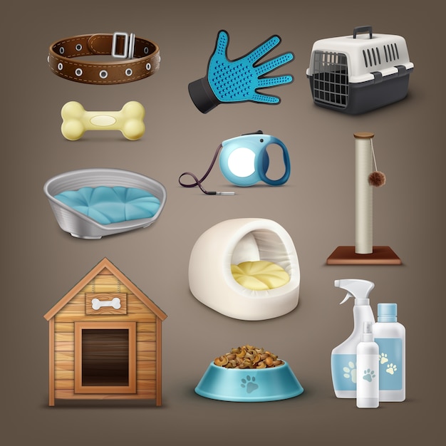 Vector set of vector items for pets with collar, leash, carrier, toys, plastic and soft house of pet, dog kennel, bowl and bottles isolated on background