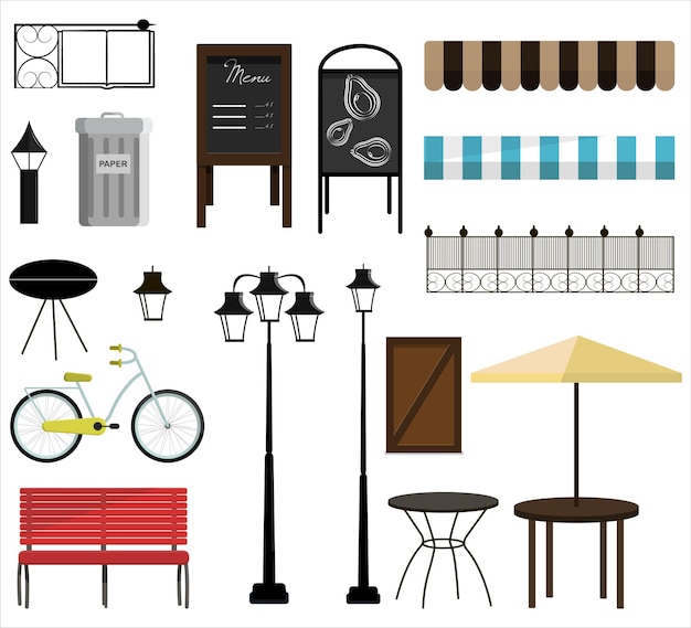 Vector a set of vector items for street park or garden design flat design illustration