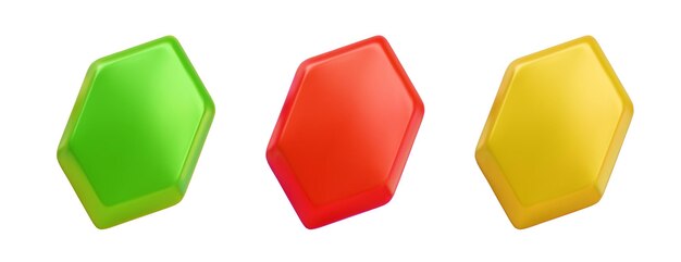 Set of vector jewels of different colors Green red and yellow hexagonal crystal