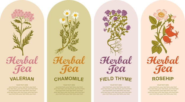 Vector set of vector labels for various herbal tea