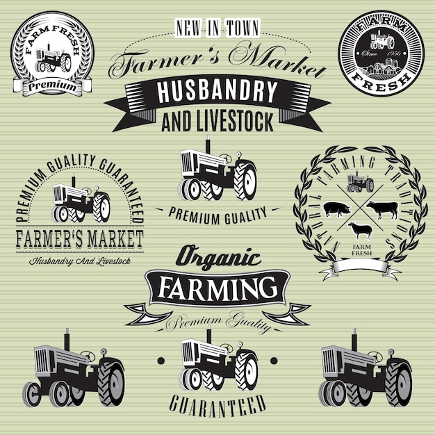 Set of vector labels with a tractor for livestock and crop