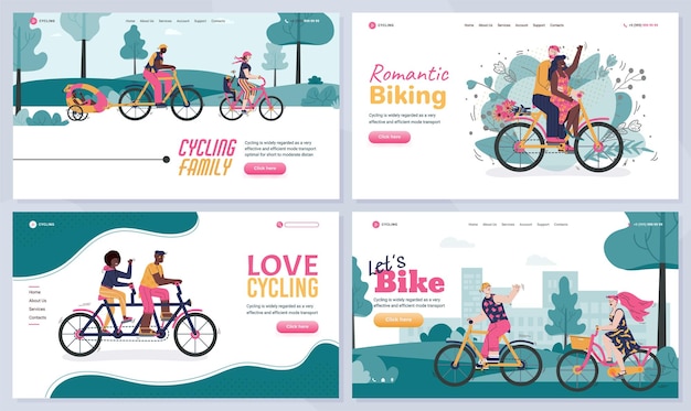 A set of vector landing pages templates of people riding bicycles