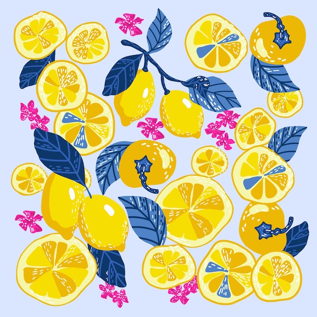 Vector set of vector lemons and slice of lemons and leaves.