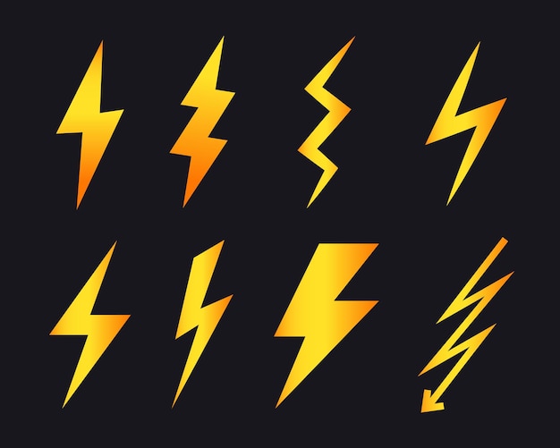 Set of Vector Lightning icons. Simple flat symbol Lightning bolt. Thunderbolt, lightning strike.