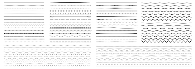 Vettore set di confini di linee vettoriali confini di onde zigzag geometrica collezione di linee vintage disegno doodle illustrazione vettoriale