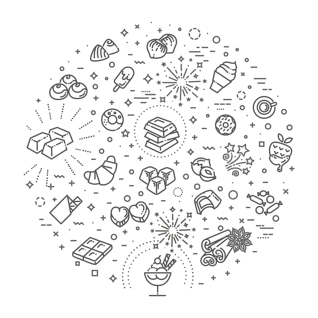 평면 디자인 초콜릿 디저트 카카오와 사탕에 벡터 라인 아이콘을 설정
