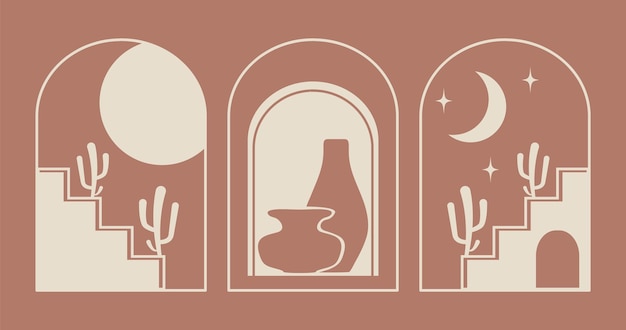 Vector set of vector linear boho emblems with east elements morocco architecture