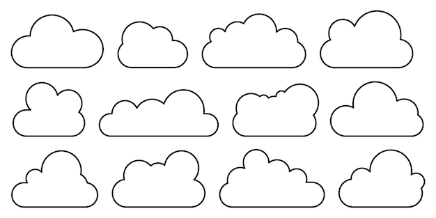 Set di nuvole lineari vettoriali isolate su bianco icone nuvola