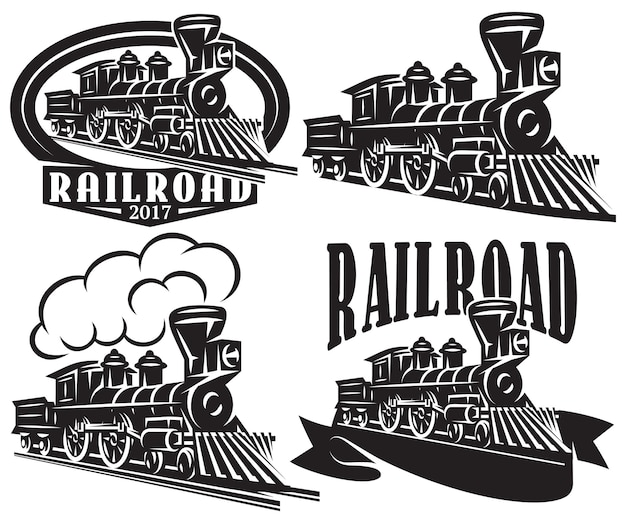 Vector set of vector logo in vintage style with locomotives emblems labels badges or patterns on a retro railroad theme