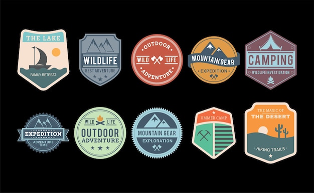 Vector set of vector logos outdoor adventure explorer camp badge,label templates, travel, hiking, climbing