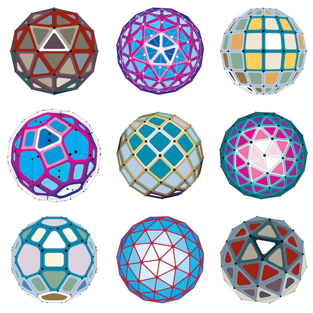 set of vector low poly spherical objects with connected lines and dots, 3d geometric wireframe shapes. perspective trigonometry facet orbs created with triangles, squares and pentagons.