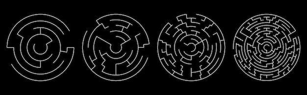 Set of vector mazes. circle labyrinth illustration isolated on black background