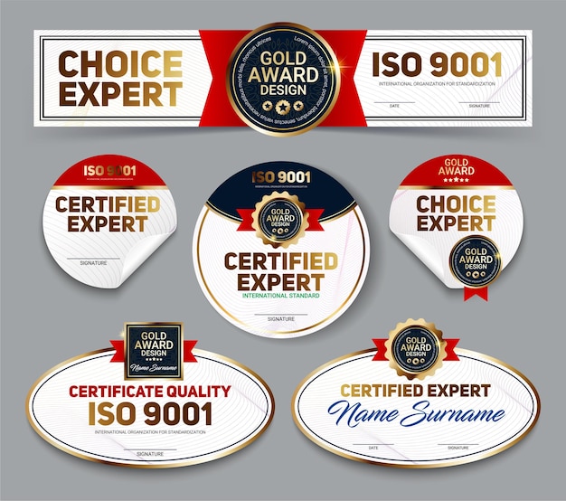 Vector set of vector mini certificate quality banners with line protection and gold award emblem