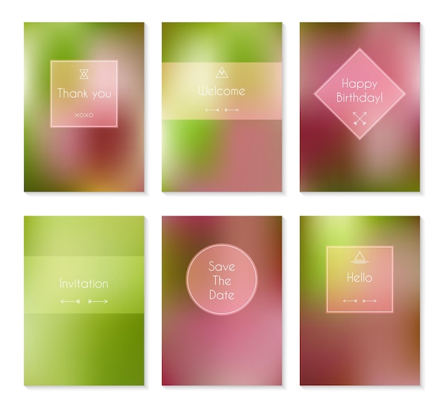 Set of vector minimal card templates or brochures with blurred backgrounds For birthday invitations