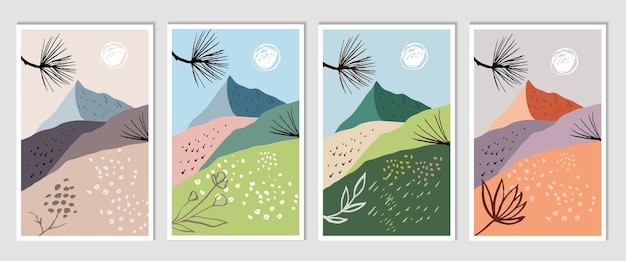 Set di illustrazioni vettoriali minimaliste dipinte a mano con montagne, cielo, sole, fiori e alberi