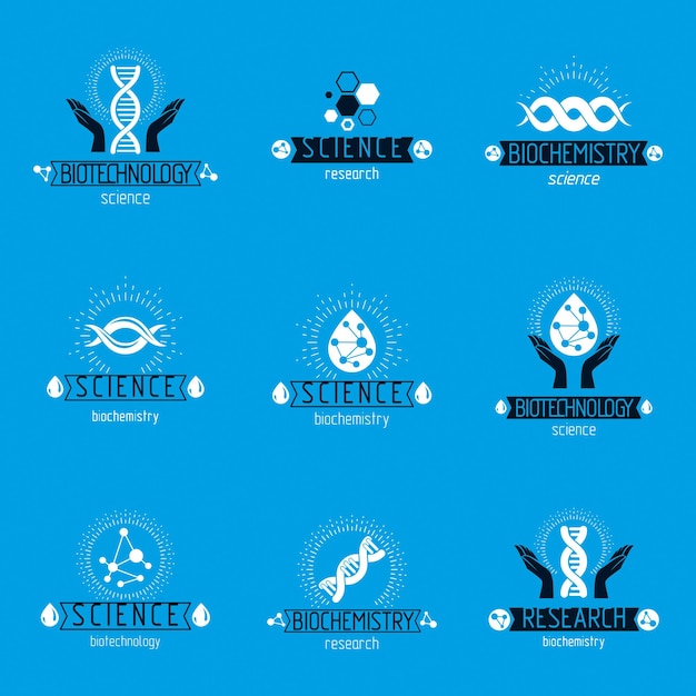 Set of vector models of molecule and human dna. Collection of corporate logotypes created in biomedical engineering, genetics, molecular genetics and biotechnology concepts.