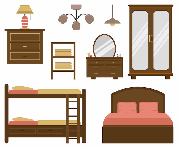 Vector set of vector modern flat design interior icons and elements furniture design for bedroom bed lamps cabinet dressing table wooden wardrobe table vector illustration on a white background
