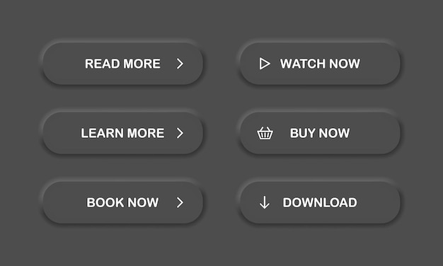 Set of vector modern neumorphism material style buttons read learn more watch and buy now button for web and mobile apps vector eps 10
