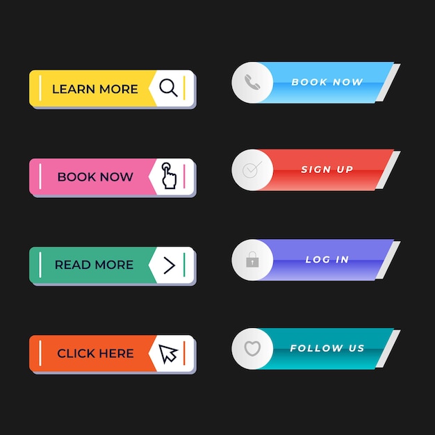 set of vector modern trendy flat buttons different colors of main shapes and icons with black outli