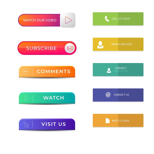 set of vector modern trendy flat buttons different colors of main shapes and icons with black outli