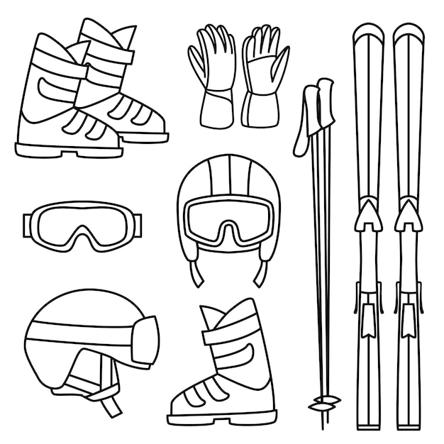 Set of vector mountain ski equipment illustrations