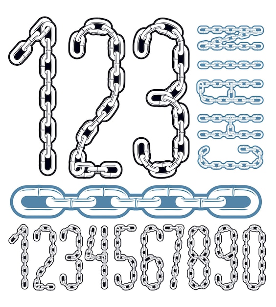 Set of vector numbers from 0 to 9. Cool numerals for use as poster design elements. Made with iron chain, linked connection.