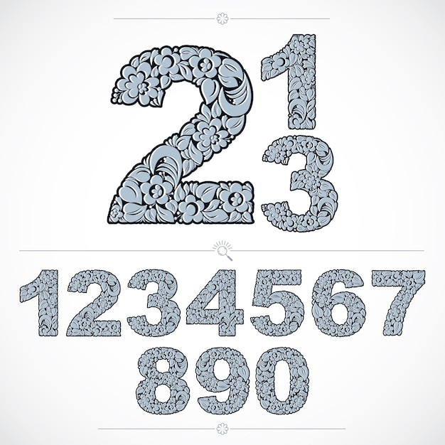 Vector set of vector ornate numbers, flower-patterned numeration. blue characters created using herbal texture.