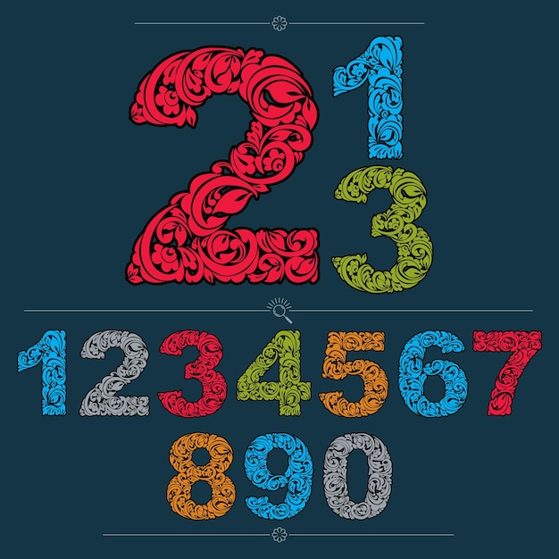 Set of vector ornate numbers, flower-patterned numeration. Colorful characters created using herbal texture.