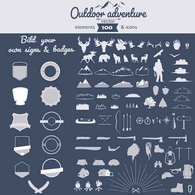 Vector set of vector outdoor adventure elements and icons for self build badges
