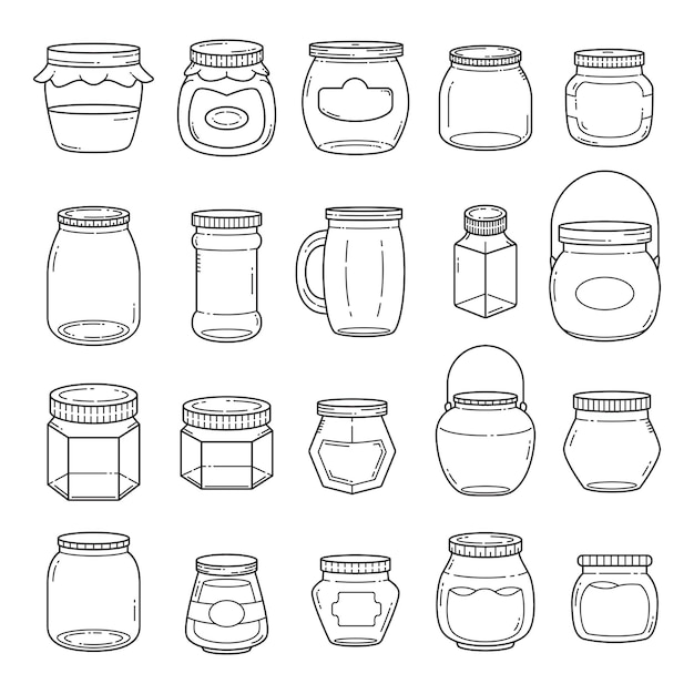 Set di barattoli e contenitori disegnati a mano con contorno vettoriale per alimenti isolati su sfondo bianco