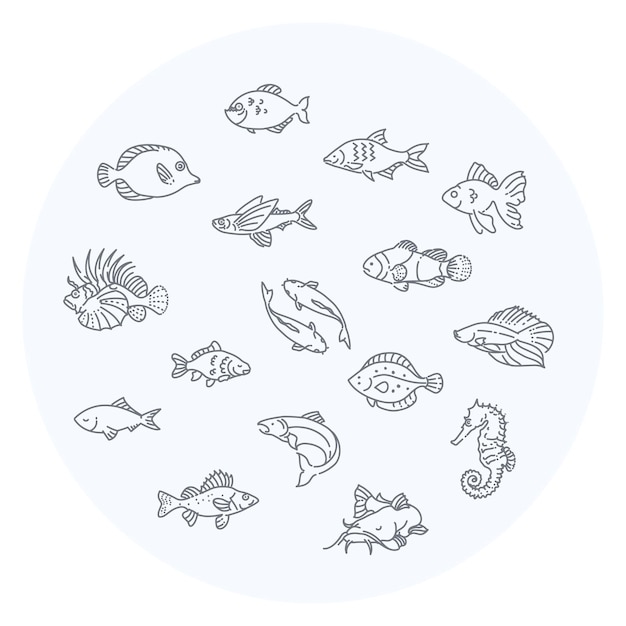 Set of vector outline fish icons aquarium